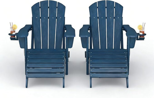 GarveeLife Folding Adirondack Chair Set of 4 with Ottoman, All-Weather HDPE Outdoor Chair, Wooden Textured with Cup Holder for patios, Decks, Gardens, fire pits, Navy Blue