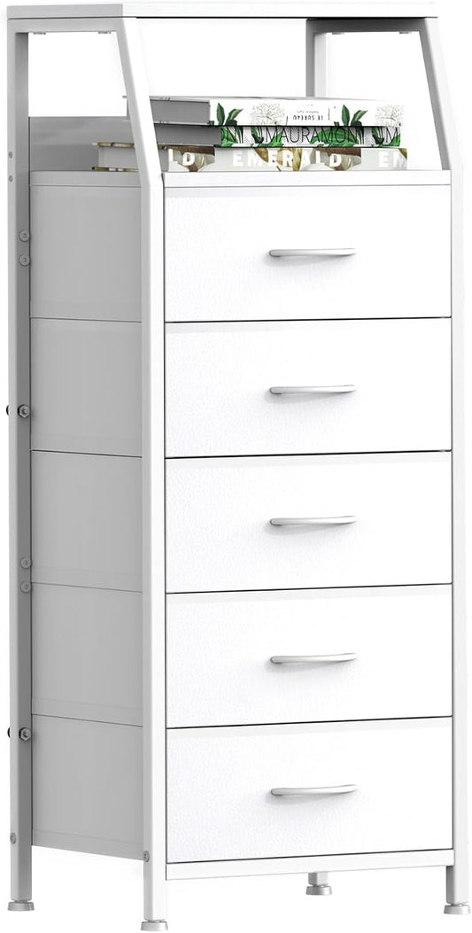 White Dresser for Bedroom, Storage Organizer with 5 Drawers, Vertical Fabric Storage Stand, Nightstand Bedside Table, Sturdy Steel Frame & Wooden Top