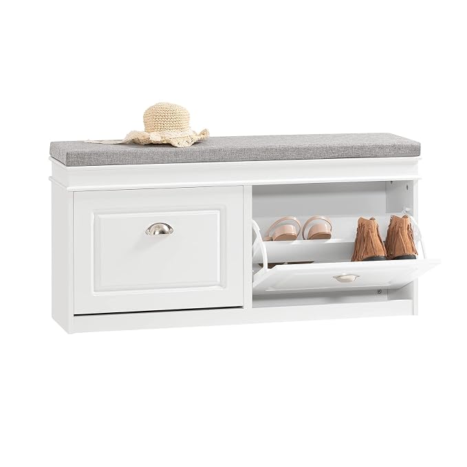 SoBuy White Storage Shoe Bench with 2 Flip Drawers, Hidden Shoe Bench, Free Standing Shoe Rack, Shoe Cabinet, Hallway Storage Bench with Seat Cushion FSR64-W