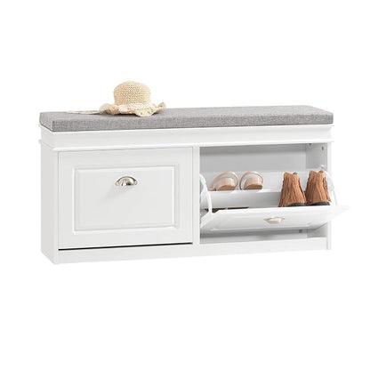 SoBuy White Storage Shoe Bench with 2 Flip Drawers, Hidden Shoe Bench, Free Standing Shoe Rack, Shoe Cabinet, Hallway Storage Bench with Seat Cushion FSR64-W
