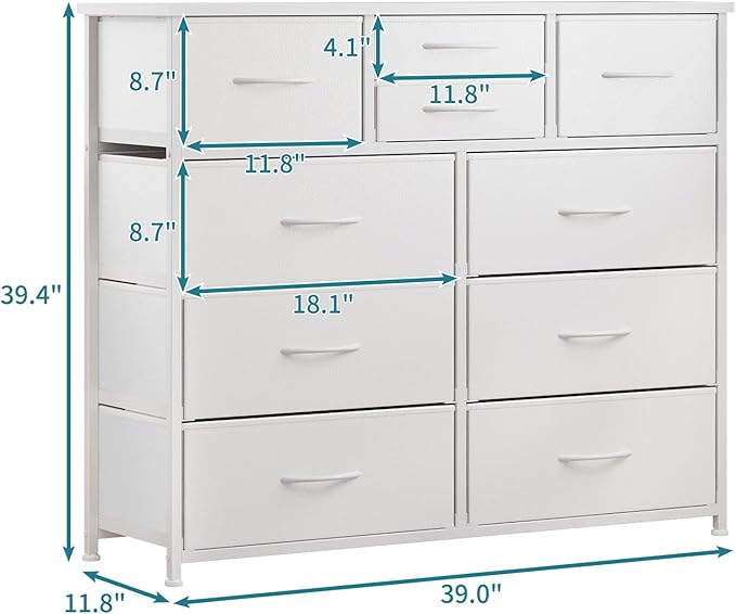 LUMTOK 10-Drawer Dresser, Fabric Storage Tower with Drawers for Bedroom, Dresser Drawer with Handle for Bedroom, Living Room, Hallway, Closets & Nurseryteel Frame, Wood Top (10 Drawer/White)