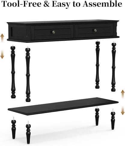 ARTPOWER Console Table for Entryway with 2 Drawers-Minimal Assembly,Black Retro Entryway Table with Storage Cabinets and Open Shelf,Narrow Long Couch Table Behind Sofa for Living Room,Foyer,Hallway