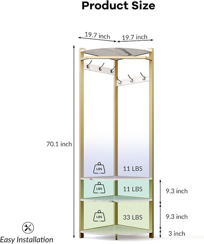 Coat Rack Freestanding with 6 Double Hooks, Shoe Bench & Storage Shelf - Freestanding Hall Tree Organizer for Entryway, Bedroom, Living Room, Space-Saving,Gold+Marble White