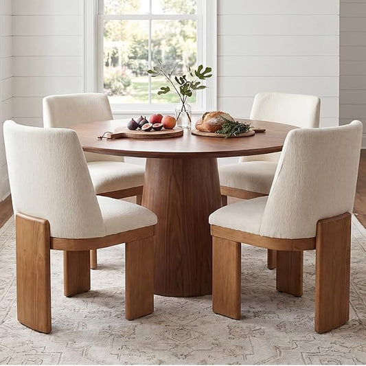 RIVOVA Upholstered Dining Chairs Set of 4, Modern Wooden Dining Room Chair Linen Fabric Kitchen Chairs Farmhouse Dinner Chair, White