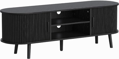 ChooChoo Mid Century Modern TV Stand for TVs up to 60 Inch, Entertainment Center with Fluted Sliding Doors and Hidden Storage, TV Console with Adjustable Shelf for Living Room, Bedroom, Black
