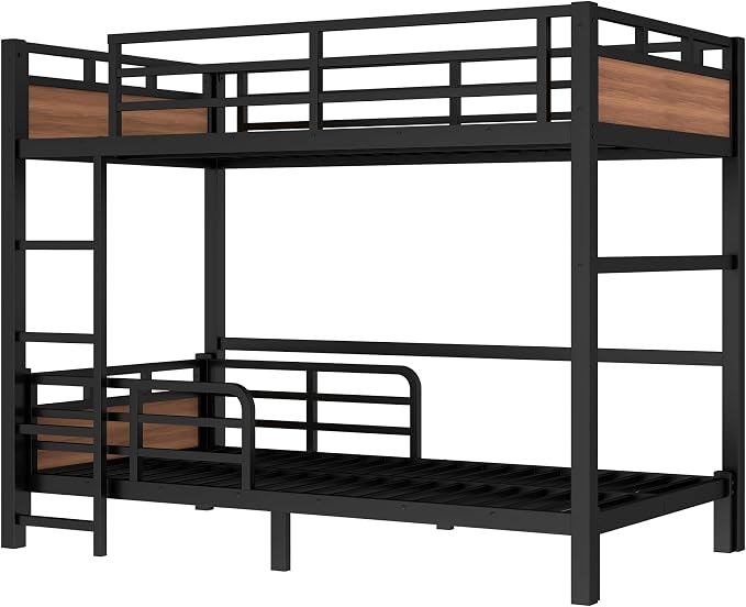 Twin XL Over Twin XL Metal Bunk Bed, Heavy Duty Convertible Bunk Bed Frame with Headboard & Full Guardrails, Can Be Split into Two Platform Beds or Loft Bed,Walnut