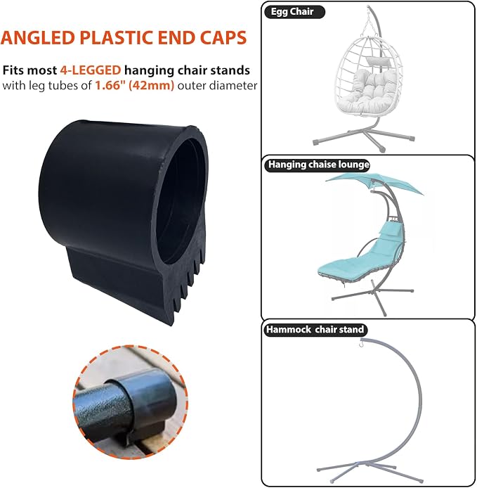 Egg Chair Stand Feet Replacement - Fits 1.66" (42mm) Diameter Leg Tubes Non-Slip Vinyl Angled Leg Caps to Secure Wicker Egg Swing Hanging Hammock Chair Stands to Ground Black (4 Pack)