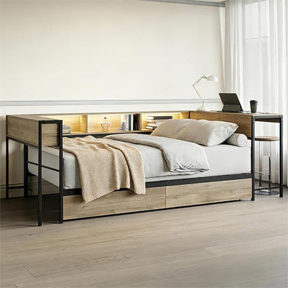 Bellemave Twin Corner Bed Frame with Storage Bookcase & 2 Drawers, Modern Metal Twin Daybed with LED Lights & Charging Station, Reversible Twin Corner Bed with Desk for Space-Saving, Grey