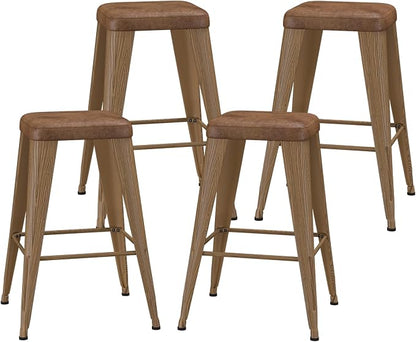 Bar Stools Set of 4, 30" Bar Height Bar Stools Backless, Upholstered Bar Stools with Metal Legs for Kitchen Island, Study Room, Cafe, Walnut