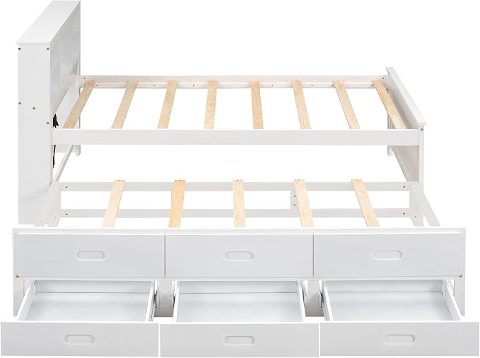 Merax Twin Size Platform Bed with Storage Headboard, USB, Wood Bedframe with Twin Size Trundle and 3 Drawers, White