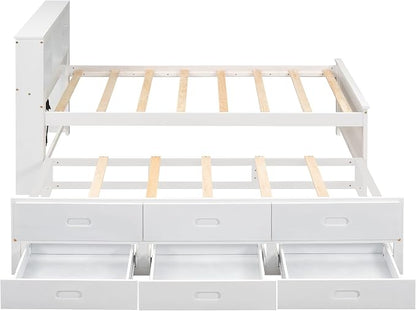 Merax Twin Size Platform Bed with Storage Headboard, USB, Wood Bedframe with Twin Size Trundle and 3 Drawers, White