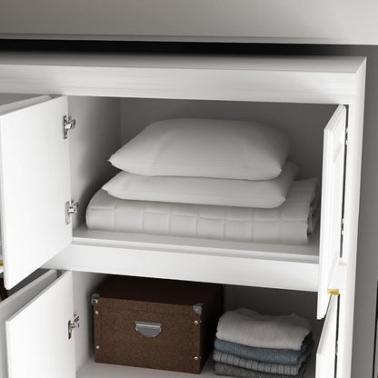 MOUMON 4 Door Wardrobe Closet with Drawers & Shelves, Armoire Closet with Hanging Rod, Wardrobe Cabinet with Gold Metal Handles, Top Cube Storage, White (63”W x 20.6”D x 94.7”H)