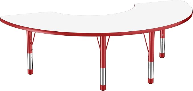 FDP Dry-Erase Half Moon Activity School and Classroom Kids Table (36 x 72 inch), Chunky Toddler Legs for Collaborative Spaces, Adjustable Height 15-24 inches - Whiteboard Top, Red Edge and Legs