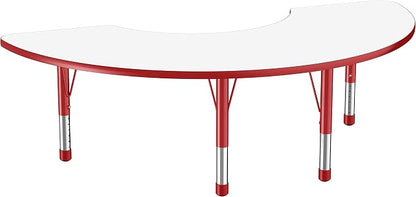 FDP Dry-Erase Half Moon Activity School and Classroom Kids Table (36 x 72 inch), Chunky Toddler Legs for Collaborative Spaces, Adjustable Height 15-24 inches - Whiteboard Top, Red Edge and Legs