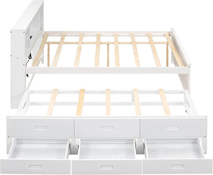 Merax Full Size Platform Bed with Storage Headboard, USB, Wood Bedframe with Twin Size Trundle and 3 Drawers, White