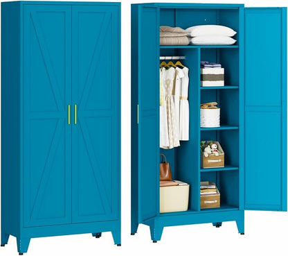 Metal Armoire Wardrobe Closet, 71" Steel Clothing Storage Cabinet with 2 Doors, Hanging Rod & Shelves, Bedroom Armoire Closet, Blue Wardrobe Cabinets for Bedroom