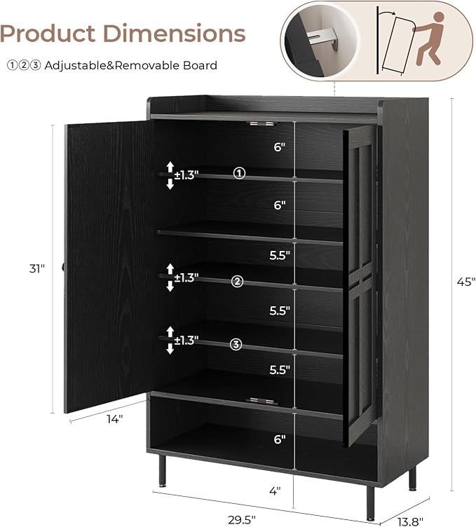 Shoe Storage Cabinet with 2 Doors, 6-Tier Shoe Cabinet with 3 Adjustable Shelves and Metal Legs, 45'' Tall Shoe Rack Organizer Cabinet for Entryway, Front Door, Black
