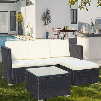 Patio Sofa Set, 5-Piece PE Rattan Wicker Outdoor Furniture with Cushioned Couch, Chairs, and Coffee Table, Beige Cushions for Garden, Deck, and Backyard