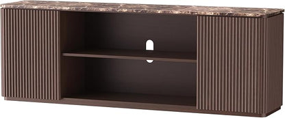 70" TV Stand, Modern Entertainment Center for TVs Up to 80", Fluted TV Console with Storage, Adjustable Shelves, Faux Marble Top, Curved Profile Design, Wood Media Console for Living Room, Brown Oak