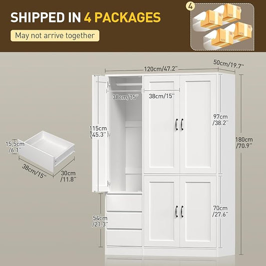 RALGEND Armoire Wardrobe Closet Set of 2, with 3 Drawers and 5 Doors, Wardrobe Cabinet for Bedroom, 70.9" Bedroom Armoire with Hanging Rod, Large Capacity Storage Wardrobe Armoire, White