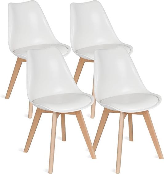 VECELO Dining Chairs Set of 4, Mid-Century Modern Kitchen & Dining Room Chairs, PU Leather Upholstered Seat, Solid Wood Legs, Armless, Non-Slip Feet, White