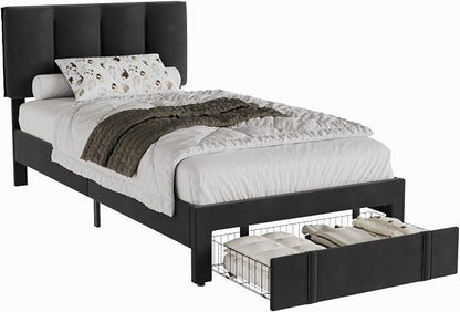 VECELO Twin Size Bed Frame with Storage Drawer, Heavy-Duty Platform Bedframe with Headboard & Strong Wooden Slats Support, No Box Spring Needed, Black