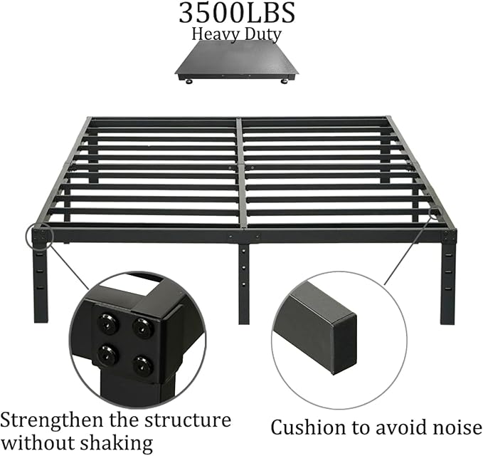 Wulanos King Size Bed Frame with Steel Slats Support, Sturdy and Durable, No Box Spring Needed, 16 Inch High 3500lbs Heavy Duty Metal Platform Frames with Storage, Noise-Free, Black