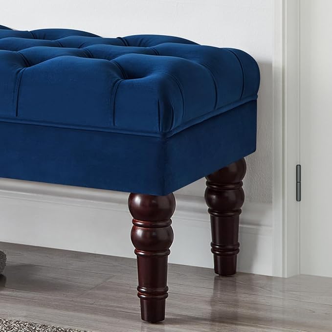 24KF Velvet Upholstered Buttons Tufted Entryway Bench with Solid Wood Leg,Bed Bench Ottoman with Padded Seat,5061N-Navy