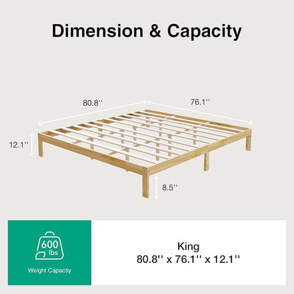 Novilla 12 Inch Wooden King Size Bed Frame, King Platform Bed Frame Without Headboard, Sturdy Wood Slat Support, No Box Spring Needed, Easy Assembly, Pine