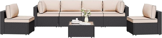 Shintenchi 7 Pieces Outdoor Patio Sectional Sofa Couch, Wicker Furniture Conversation Sets with Washable Cushions & Glass Coffee Table for Garden, Poolside, Backyard (Khaki)