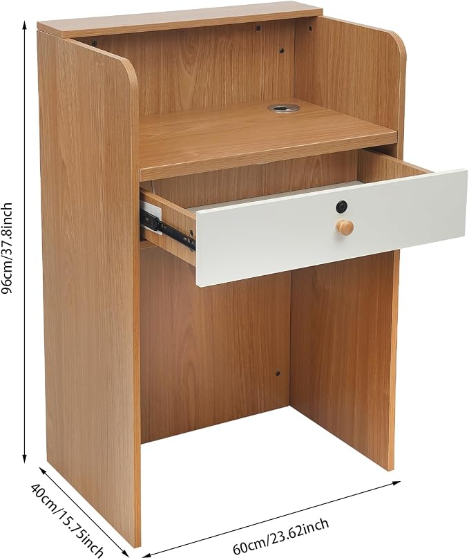 Reception Desk with Counter LED Light, Modern Front Desk with Lockable Drawer, Retail Checkout Counter for Clothing Store Lobby Beauty Salon, Oak Color