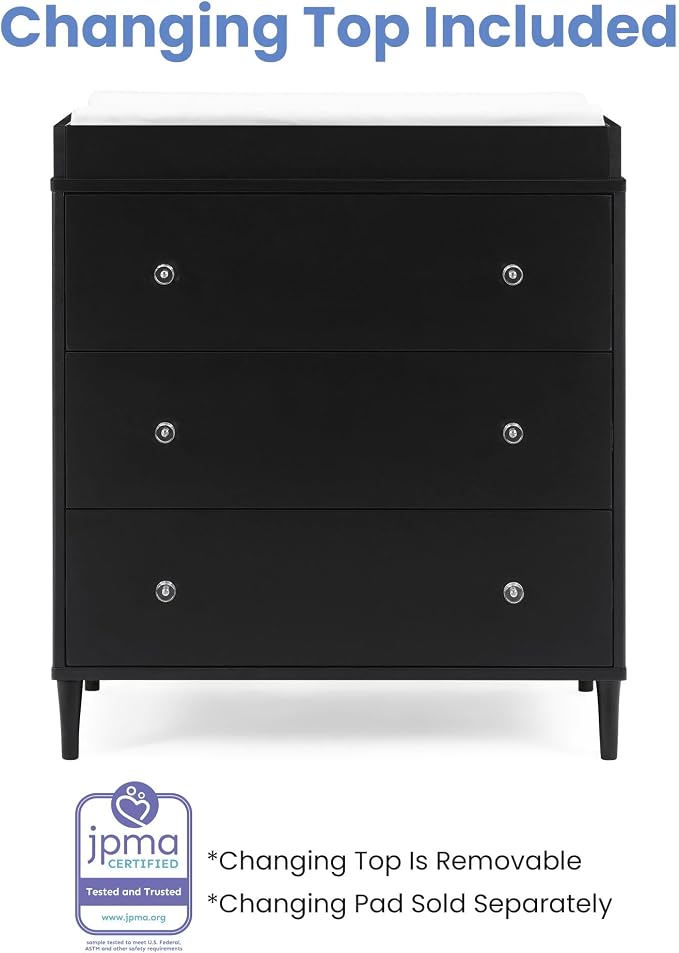 Delta Children Bowie 3 Drawer Dresser with Changing Top, Black Ebony