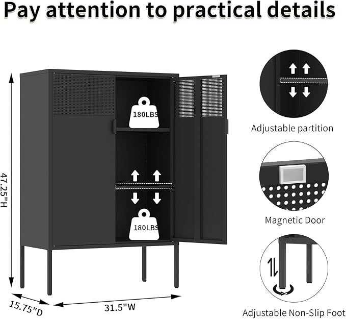 Black Metal Storage Cabinet with 2 Doors - 47''H Locker Cabinet, 3 Tier Locker Door with Adjustable Shelves,Metal Sideboard for Home, Living Room,Office Kitchen and Bathroom