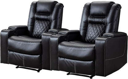 CANMOV Electric Power Recliner Chair Set of 2, Breathable Leather Home Theater Seating with Hidden Arm Storage, Power Recliner Chair for Living Room with USB Ports and Cup Holders,Black