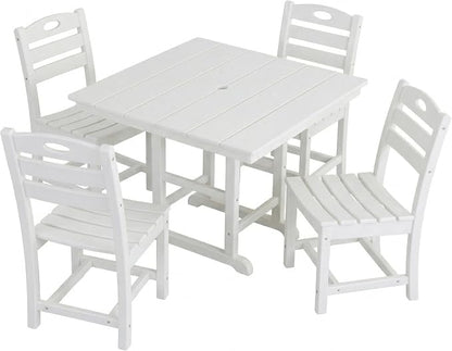 Elountik Outdoor Dining Set for 4, 5-Piece White HDPE Patio Furniture with Square Table and Chairs, Umbrella Hole