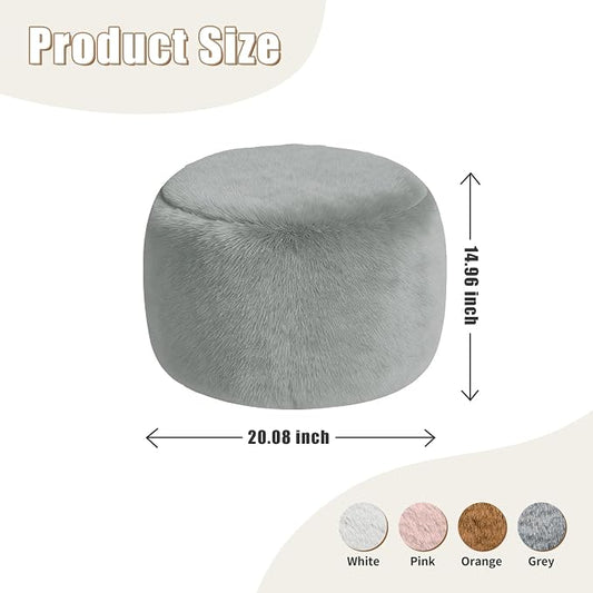 Round Stuffed Pouf Ottoman Foot Rest, Faux Fur Poufs with Memory Foam Filling, Ottomans for Living Room, Nursery, Dorm, Soft Foot Stool Ottoman for Couch, Perfect for Resting Your Feet (Grey, 20 Inch)