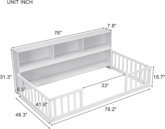 Bellemave Kids Montessori Floor Bed Twin Size, Floor Bed Frame with Bookcase and Shelves for Kids Boys Girls,Twin,White