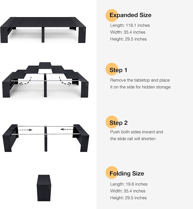 Kikihouse 19.6"-118.1" Modern Extendable Dining Table with Outlet, 2 to 12 People Space Saving Expanding Table with Storage for Party, Weddings, Meetings, Celebrations (Black)