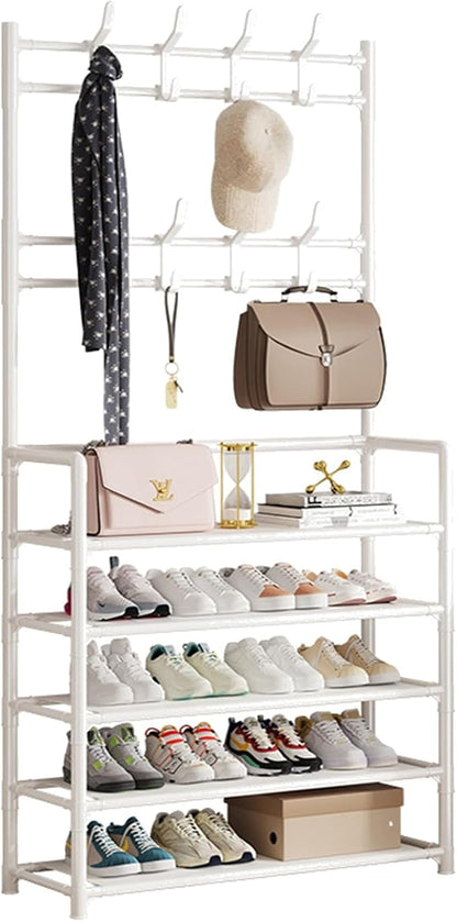 ikaufen 5-Tier Entryway Coat Rack Shoe Shelf, 2-in-1 Hall Tree with 8 Hooks, Thickened Plastic Storage Organizer for Shoes, Bags, Hats (Black/White) (White)