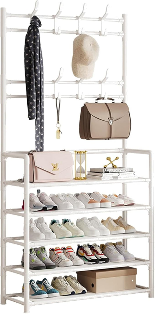 ikaufen 5-Tier Entryway Coat Rack Shoe Shelf, 2-in-1 Hall Tree with 8 Hooks, Thickened Plastic Storage Organizer for Shoes, Bags, Hats (Black/White) (White)