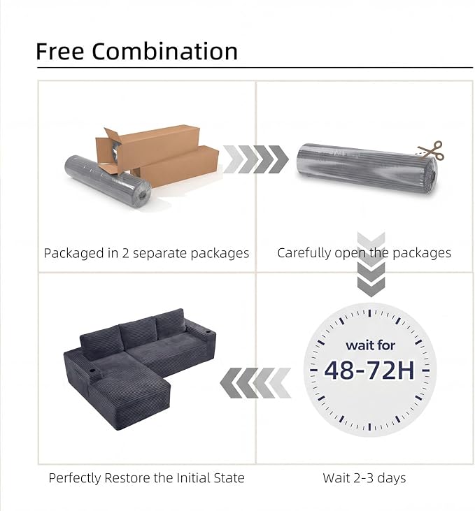 104" L Shaped Boneless Sectional Couches for Living Room, Comfy Corduroy Floor Cloud Sofa with Chaise and Cup Holder, Wide Armrest, Deep Seat, Assembly Free, Ideal for Small Spaces, Grey