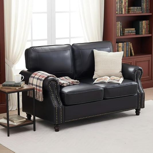 Kingfun Small Leather Loveseat, 57.9" Mid Century Modern Leather Couch for Living Room, Bedroom, Office, Love seat Sofas, Mini Sofa with Rolled Arms and Nailhead Trim, Black