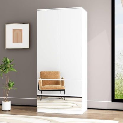 FUFU&GAGA Wardrobe with Mirror Doors, White Bedroom Armoire with 2 Drawers, Hanging Rod, Mirrored Closet Modern Clothes Storage Cabinet for Bedroom Cloakroom, 31.5”W x 19.7”D x 70.9”H
