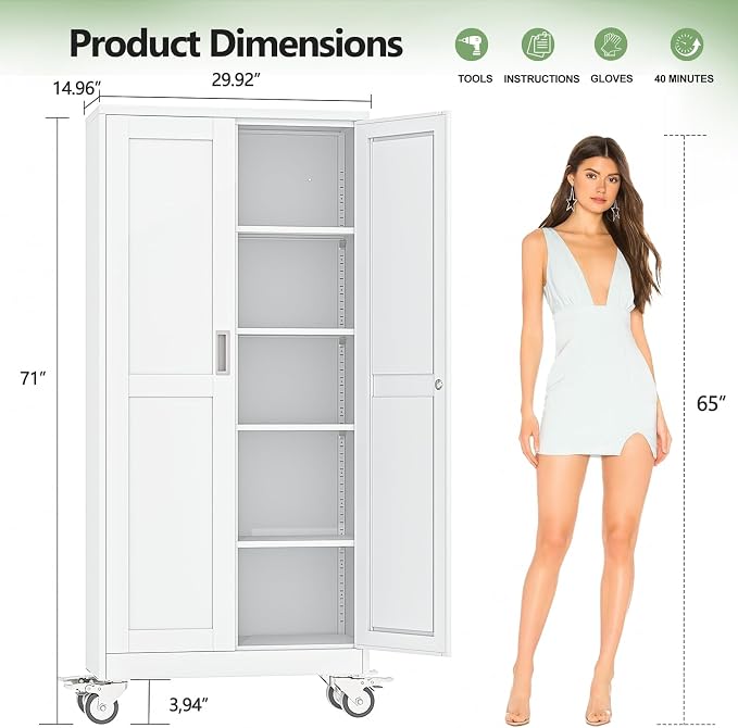 Metal Garage Storage Cabinet, 71”Tall Rolling Utility Cabinet White | storage system with Wheels, Lock, 4 Adjustable Shelves, Heavy Duty Steel Tool Locker for Home Office, Utility Room, Gym