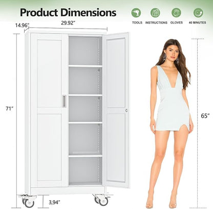 Metal Garage Storage Cabinet, 71”Tall Rolling Utility Cabinet White | storage system with Wheels, Lock, 4 Adjustable Shelves, Heavy Duty Steel Tool Locker for Home Office, Utility Room, Gym