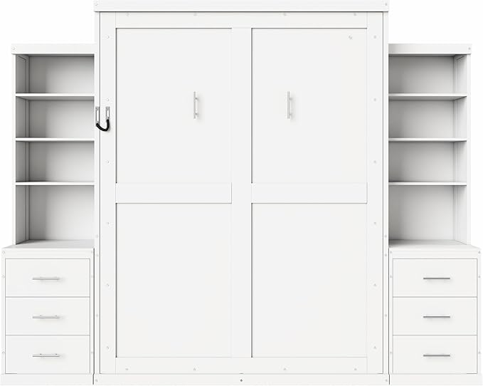 Murphy Bed Queen Size,Murphy Bed with Storage Shelves and Drawers,Wall Bedframe w/Wood Slatk,can be Folded,No Box Spring Needed,for Bedroom Apartment,White