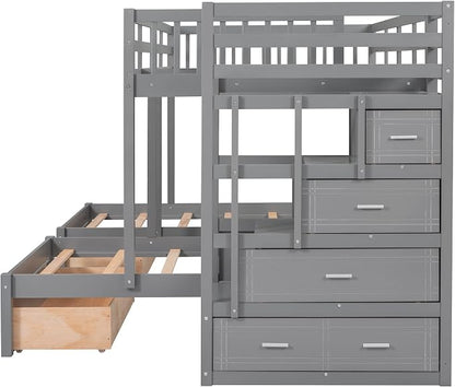 VilroCaz Upgraded Version Full Over Twin & Twin Bunk Bed, Solid Wood Triple Bunk Bed with Storage Drawers and Staircase, Strong Sturdy Bunk Bed Frame with Guardrails for Kids Teens Aldults (Gray-U)