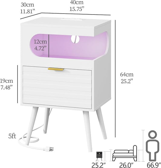 Veegle Nightstand,Modern Bedside Table with Storage Drawer and Open Wood Shelf, Accent Night Stand with Solid Wood Legs for Living Room, Bedroom and Small Spaces,Easy Assembly (White-1)
