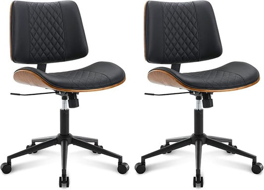 Home Office Chair No Arms with Wheels, Adjustable Height Small Desk Chair, PU Leather Mid Back 360 Swivel Computer Chair, Armless Modern Walnut Chair for Office, Reading Meeting Room(Black)