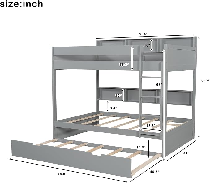 Harper & Bright Designs Rustic Wood Bunk Bed with Pull-Out Trundle, Twin Over Twin Wooden Bunk Bed with Large Cabinet Beside Upper and Down Bed, Gray